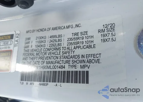 2021 Honda Cr-V 2Wd Touring из США, поврежденный, VIN 5J6RW1H90ML001484